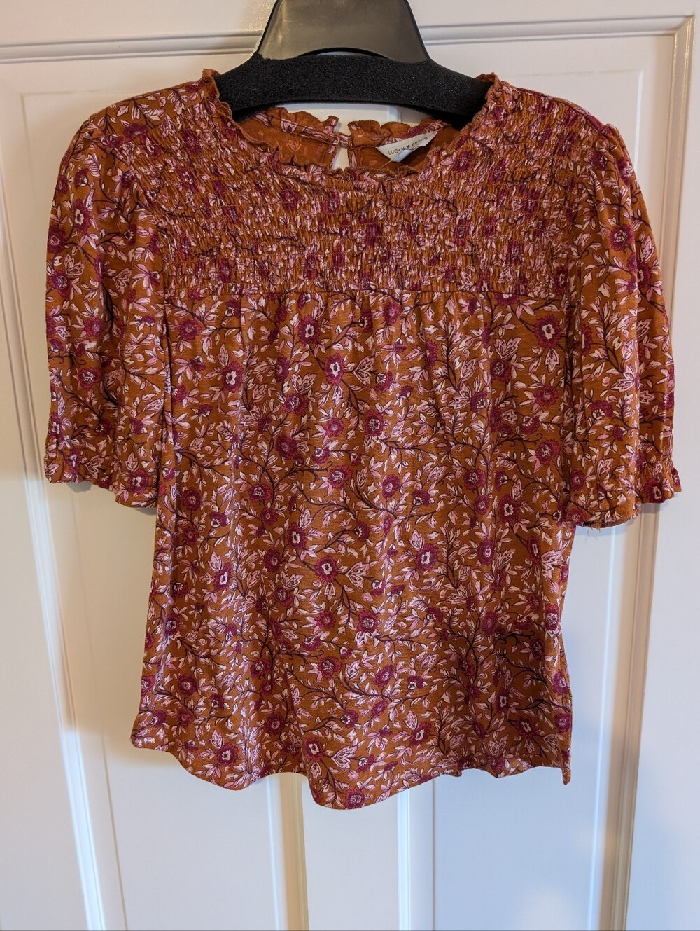 Women's Lucky Brand Floral Smocked Short-Sleeve Top - Rust/Plum